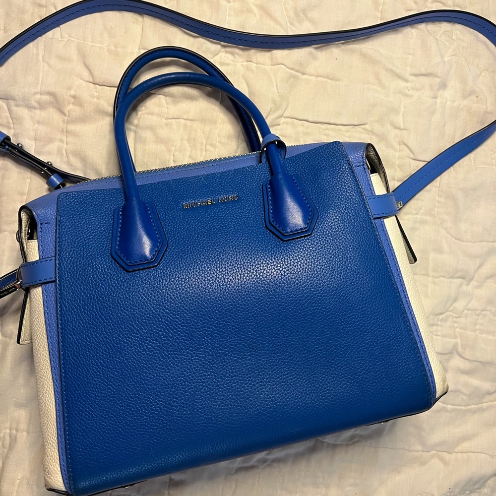 Blue Michael Michael Kors Mercer Belted Tricolor Pebble Leather Satchel